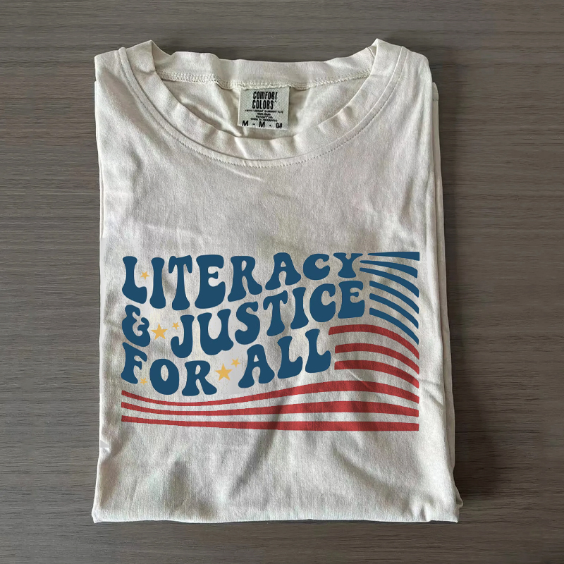 Literacy And Justice For All American Flag Reading Teacher T-Shirt