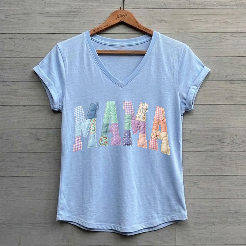 Faux Patchwork Floral Mama V-neck T-Shirt