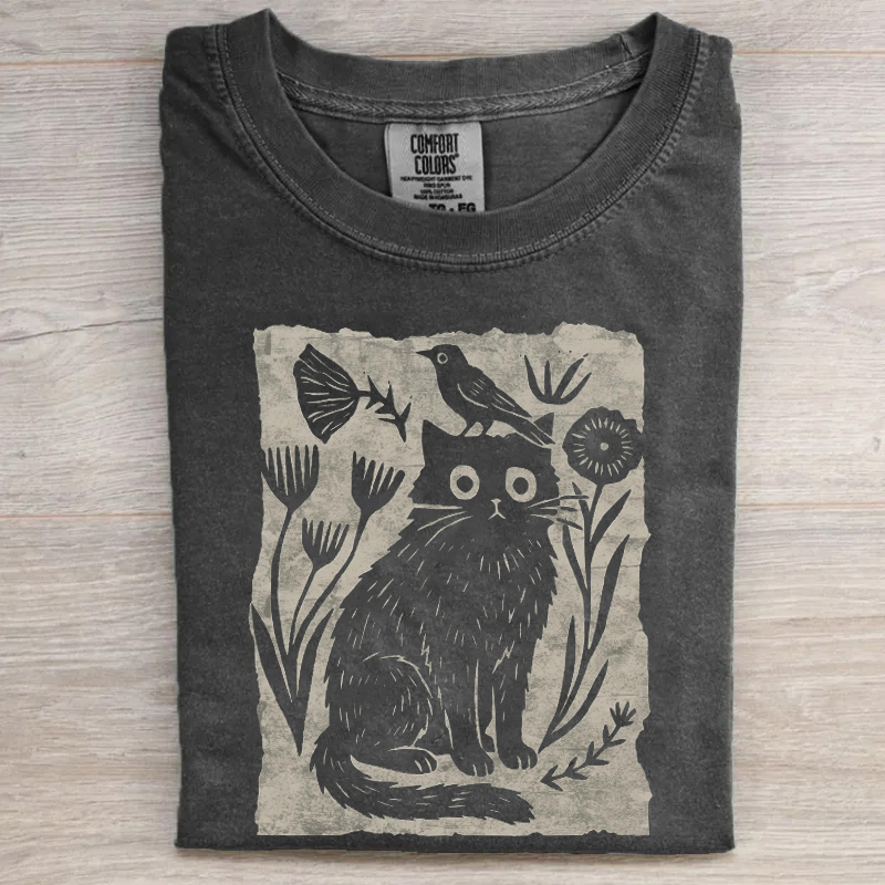Floral Cat and Bird T-Shirt