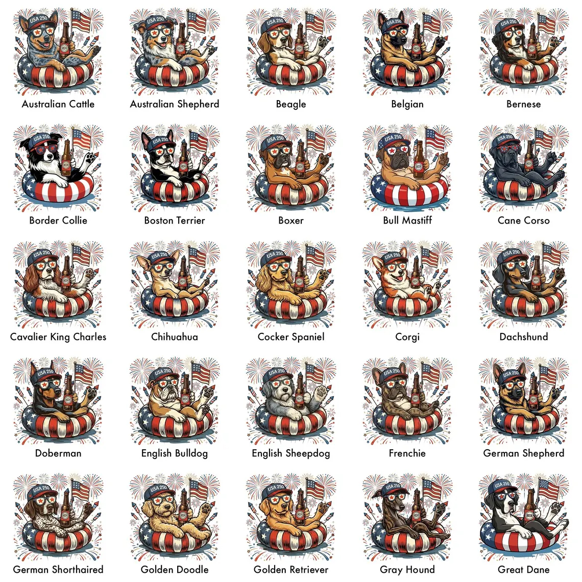 Custom Patriotic Dogs 4th of July America 250 T-Shirt