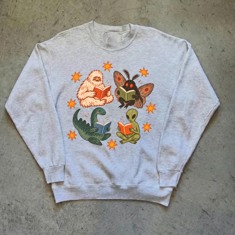 Reading Cryptids Bigfoot Mothman Alien Bookish Sweatshirt