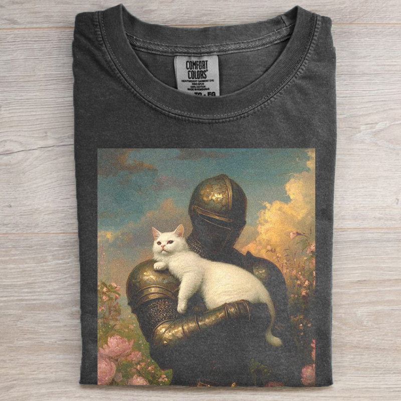 Retro Style Knight Holding White Cat Funny Cat Meme T-shirt