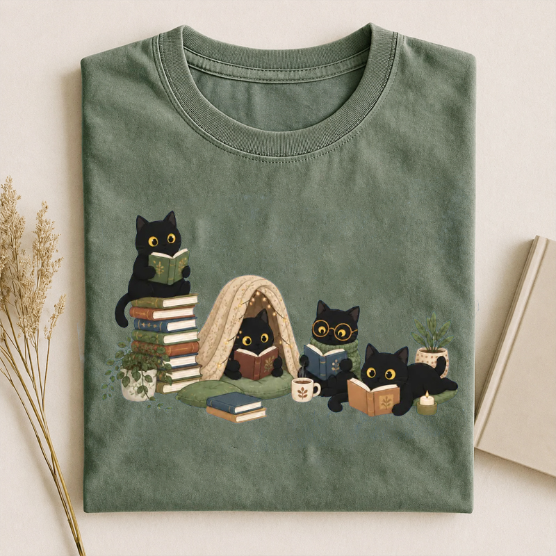 Black Cat Reading Librarian Teacher Bookish T-Shirt