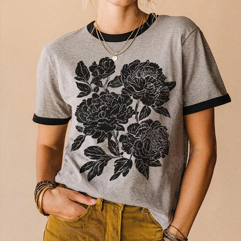 Retro Linocut Peonies Ringer T-shirt