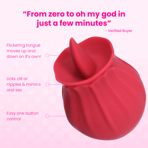 "From zero to oh my god in just a few minutes" Flickering tongue moves on its own, licks clit or nipples and mimics oral, easy one button control