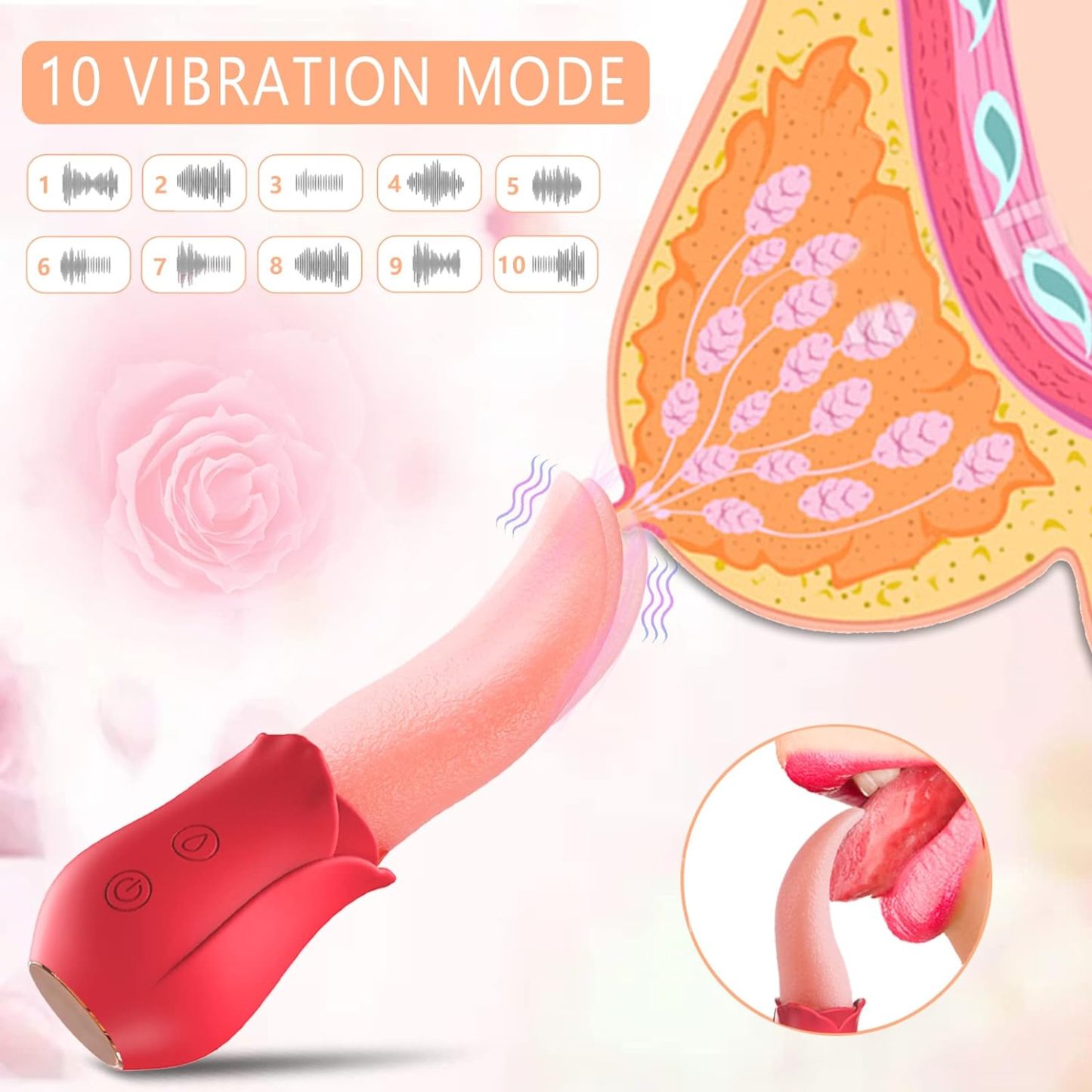 Rose Tongue Vibrator - 10 Modes Clitoral G Spot Stimulator for Women