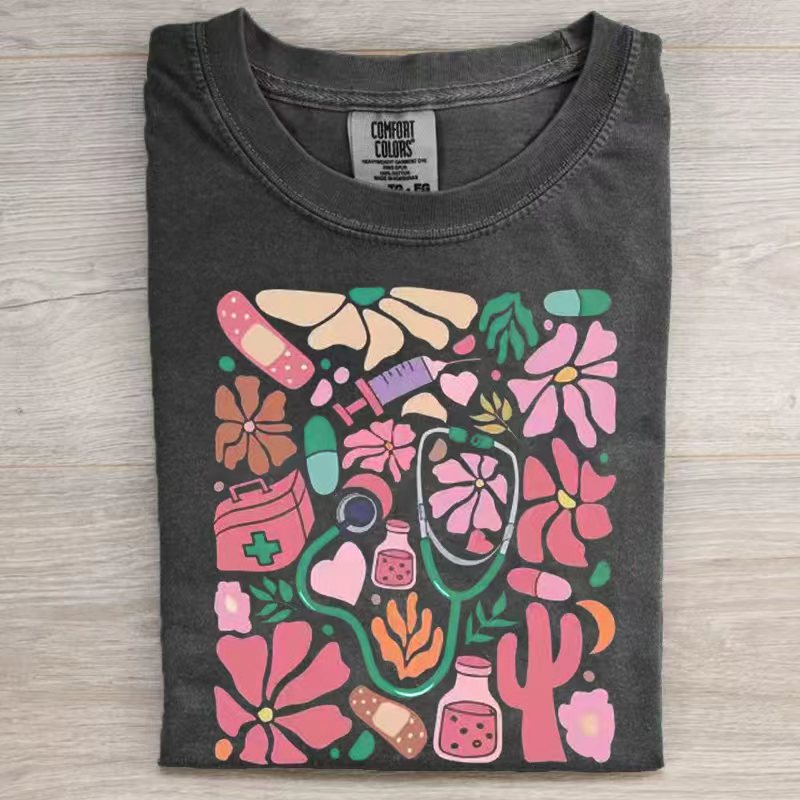Vintage Boho Groovy Nurse Floral T-shirt