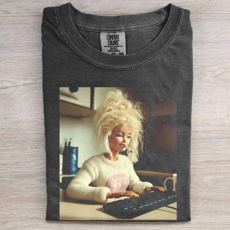 Vintage 90s Distressed Meme Doll Face Working and Smoking T-shirt