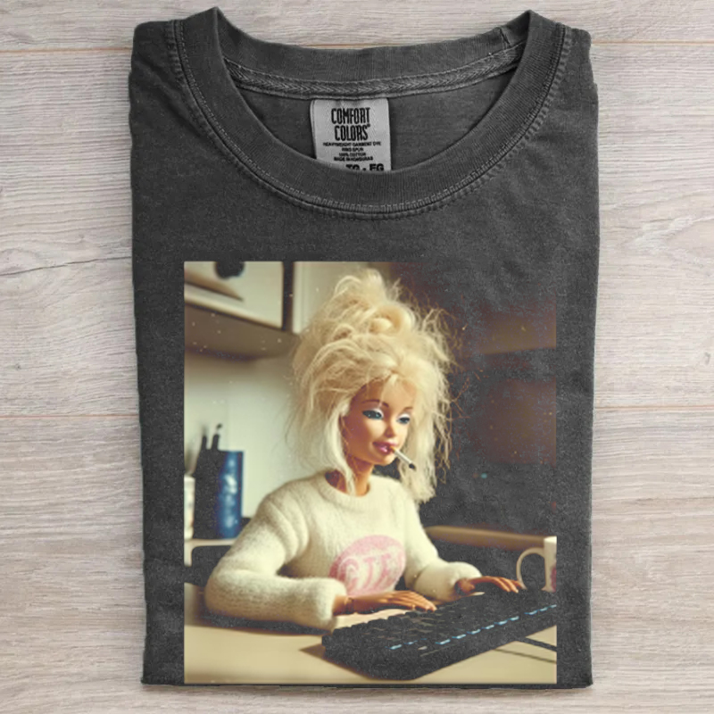 Vintage 90s Distressed Meme Doll Face Working and Smoking T-shirt
