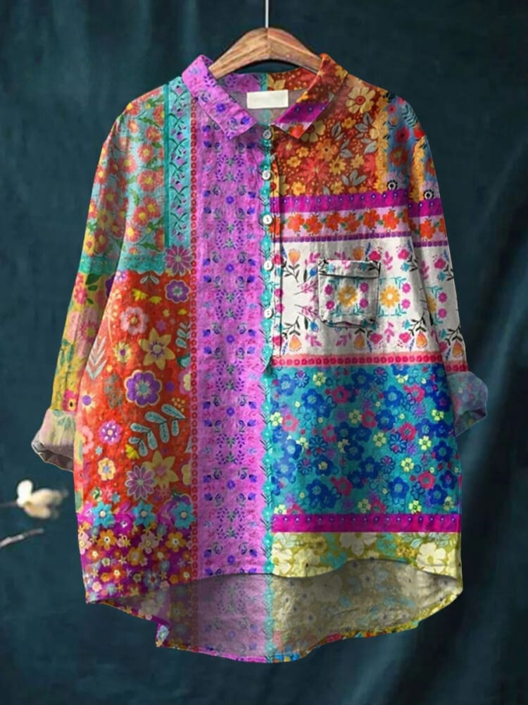 Women's Flower Print Casual Cotton And Linen Shirt