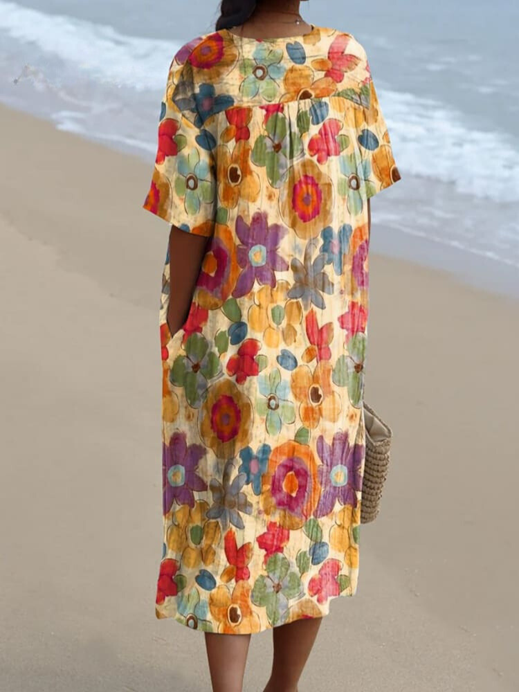 Women's Colorful Hand-painted Floral Print Flowy Dress