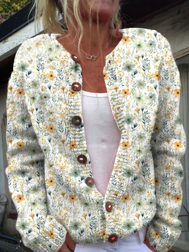 Lovely Meadows Floral Pattern Printed Buttoned Cardigan Sweater