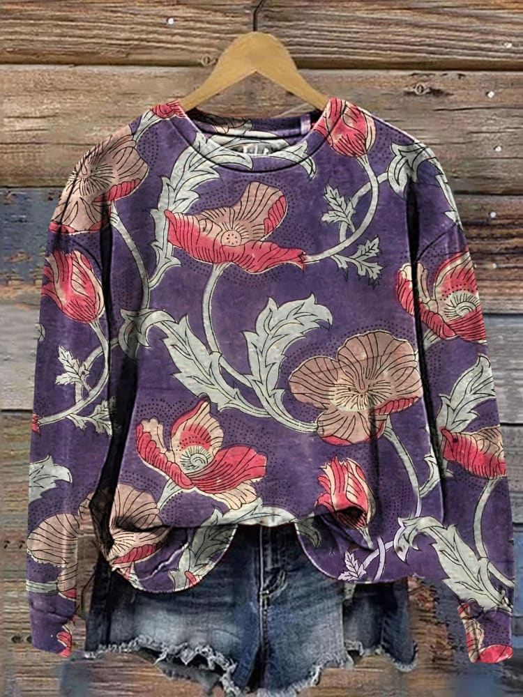 Vintage Floral Print Casual Sweatshirt