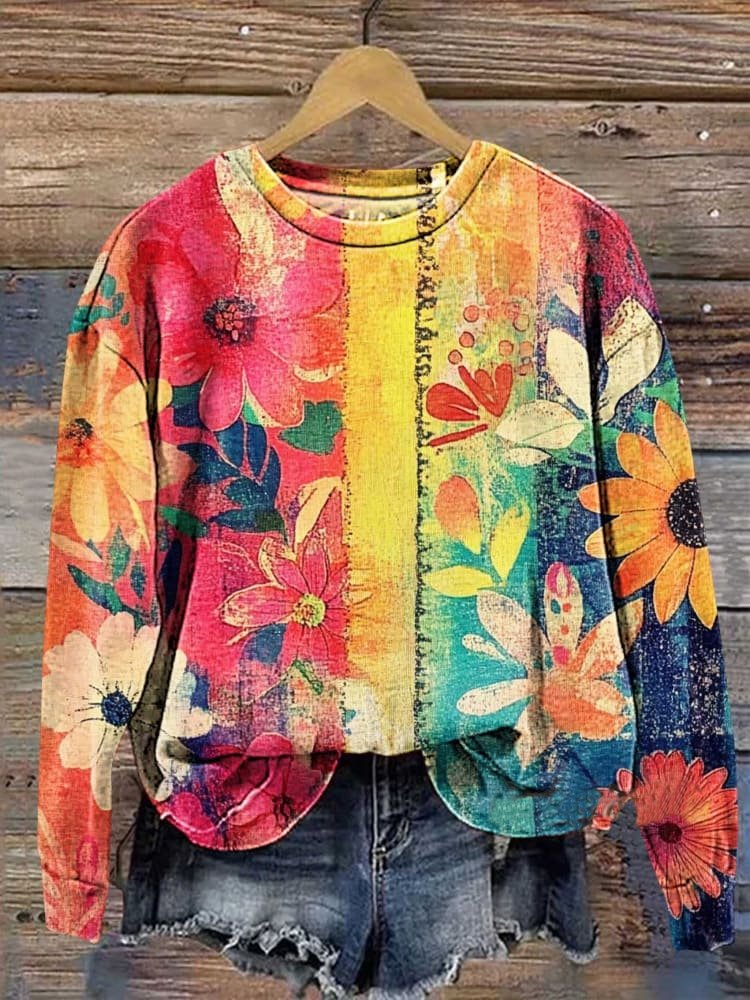 Vintage Floral Art Print Casual Sweatshirt