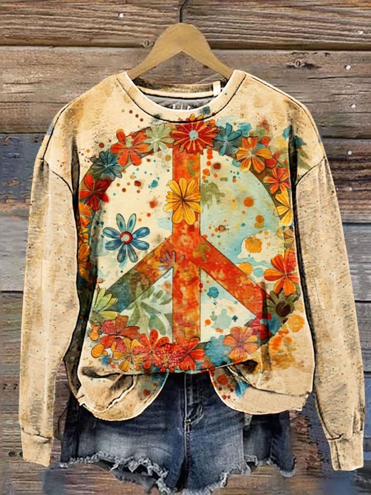 Vintage Love And Peace Flower Art Print Casual Sweatshirt