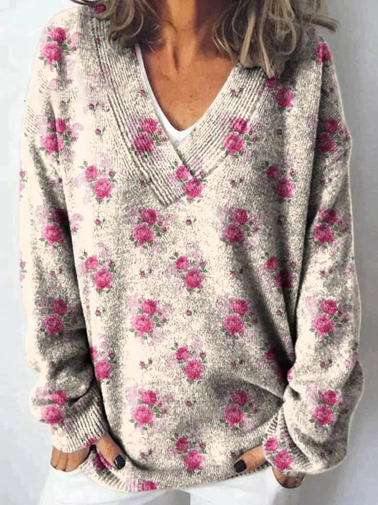 Watercolor French Rose Repeat Pattern Print Buttoned Cardigan Sweater