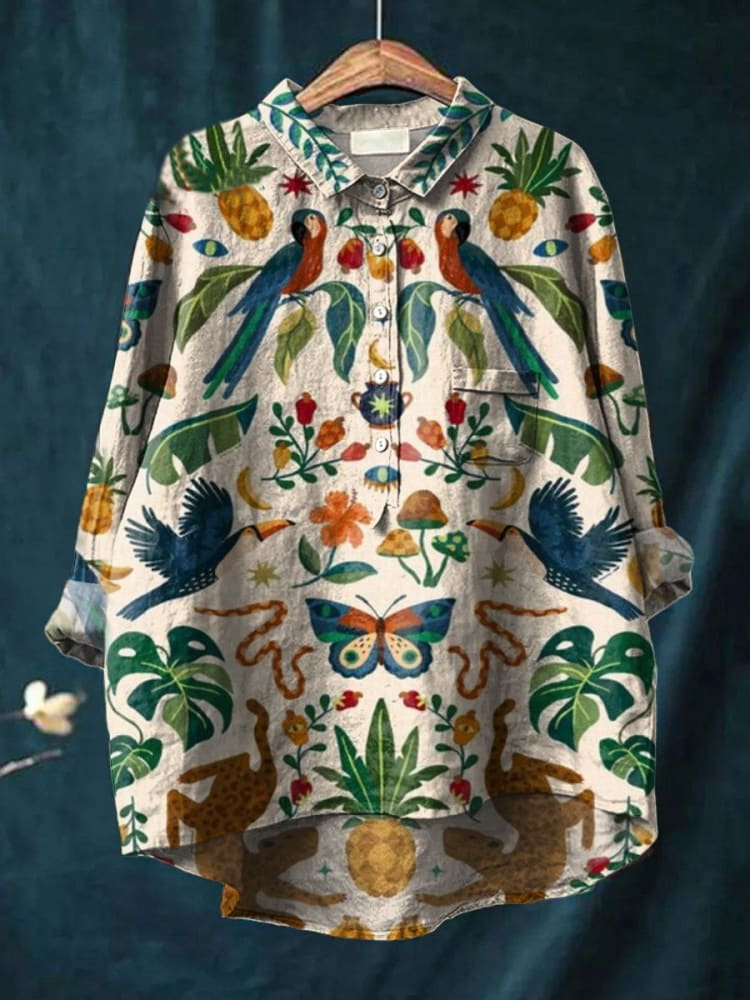 Women's Vintage Floral and Bird Print Casual Cotton And Linen Shirt