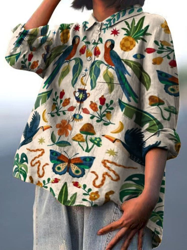 Women's Vintage Floral and Bird Print Casual Cotton And Linen Shirt
