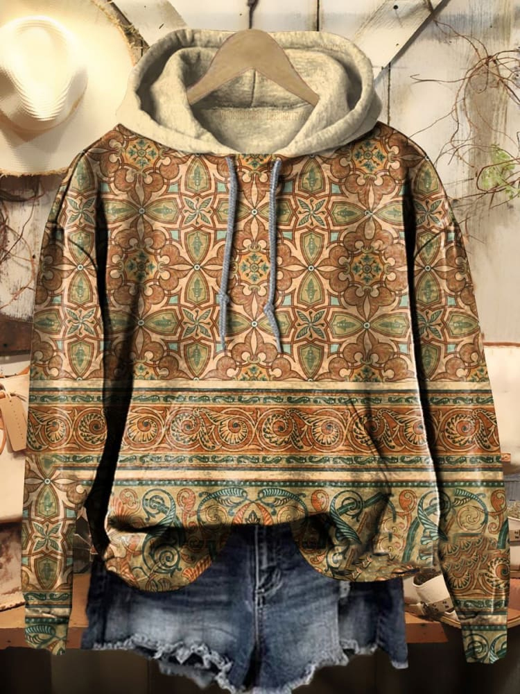 Retro Ethnic Style Patchwork Pattern Art Print Casual Hoodie