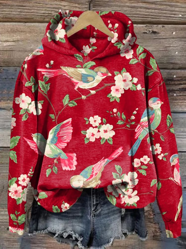 Women's Vintage Floral Bird Art Print Casual Sweatshirt