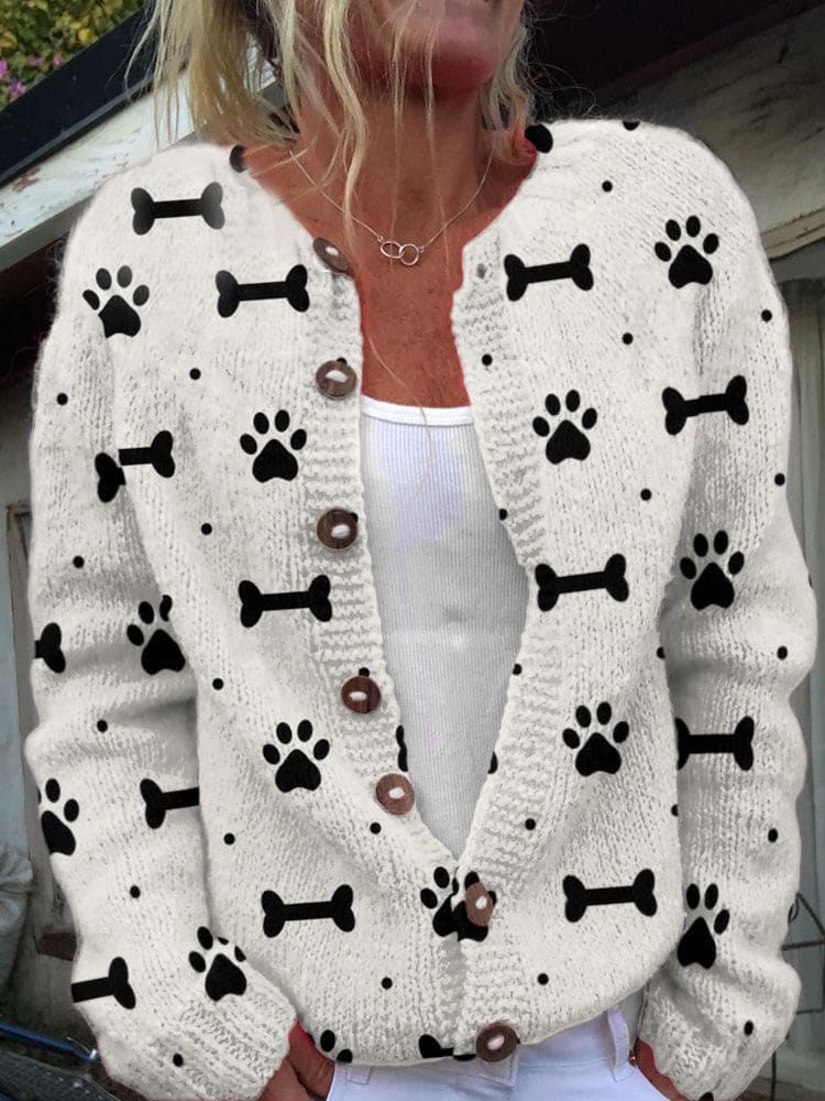 Dog Paw Bone Print Long Sleeved Knitted Cardigan