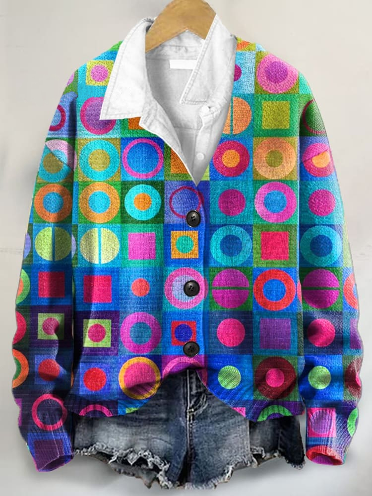 Retro Abstraction Art Print Buttoned V-neck Cardigan Sweater