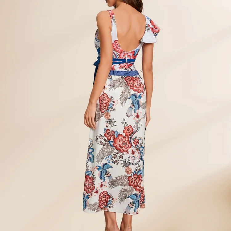 Vintage V Neck Ruffle Floral Print Swimsuit and Skirt