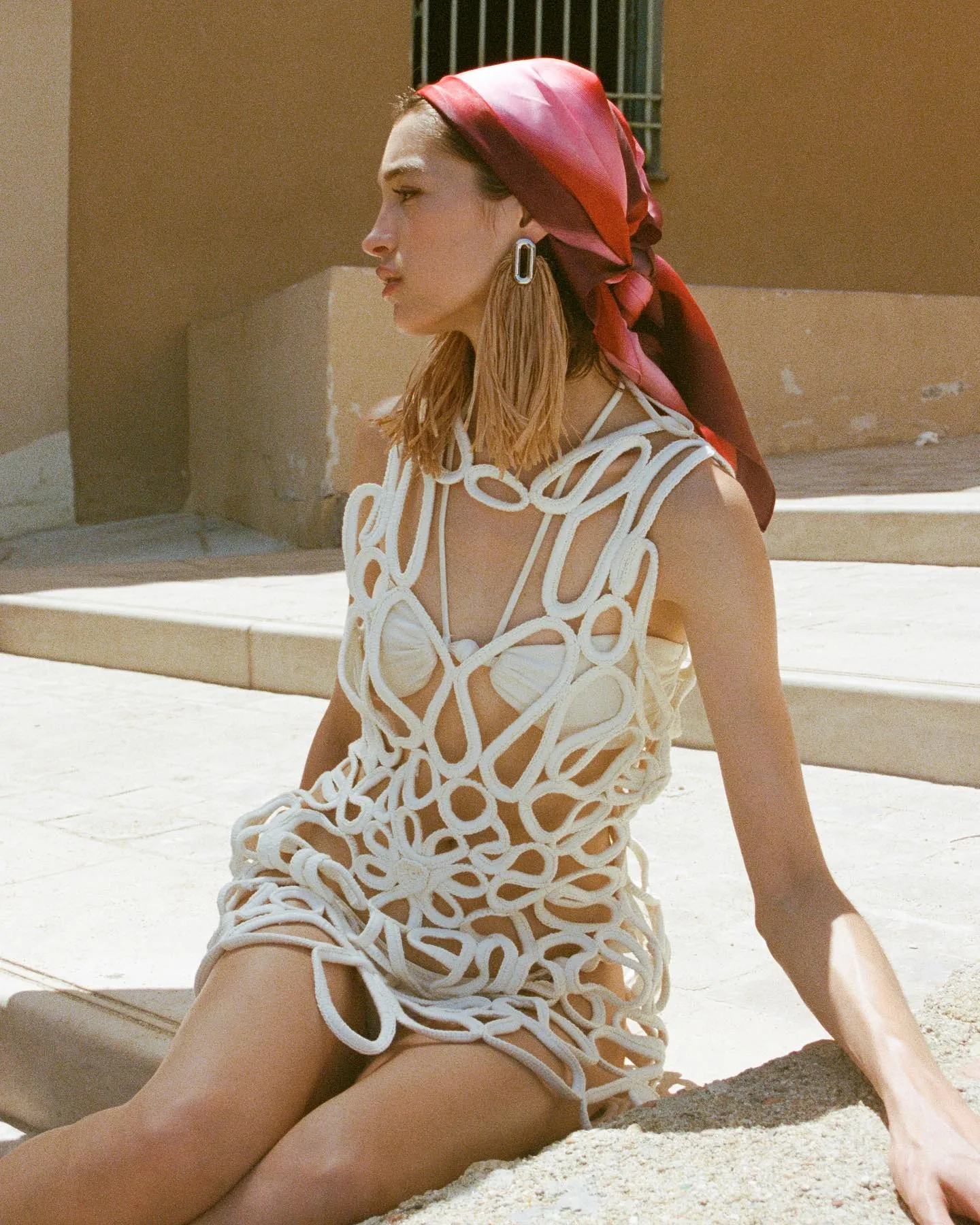 Halter Neck Solid Color Bikini Set And Crochet Dress