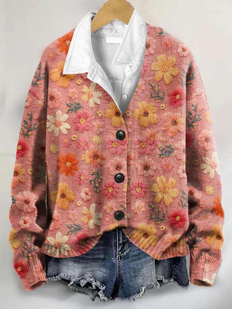 Vintage Floral Art Print Buttoned V-neck Cardigan Sweater