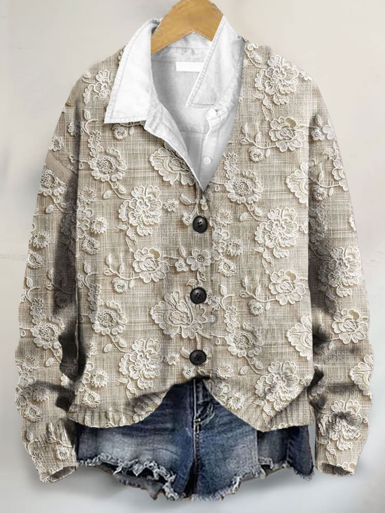 Vintage Lace Floral 3D Art Print Buttoned V-neck Cardigan Sweater