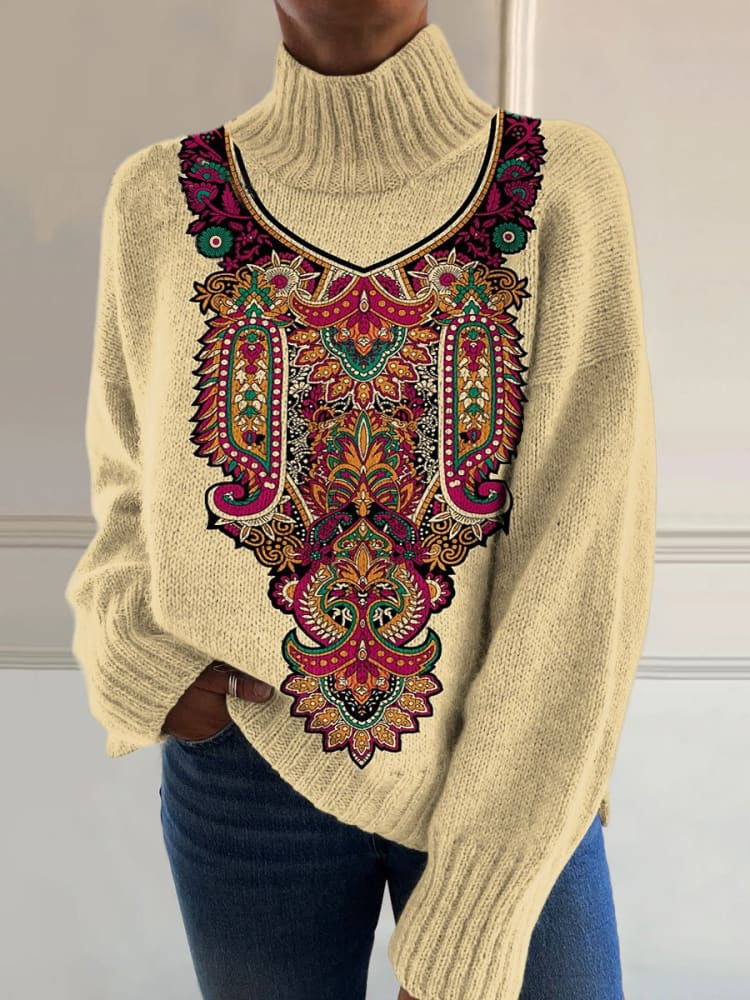 Retro Pattern Art Print Knit Turtleneck Pullover Sweater
