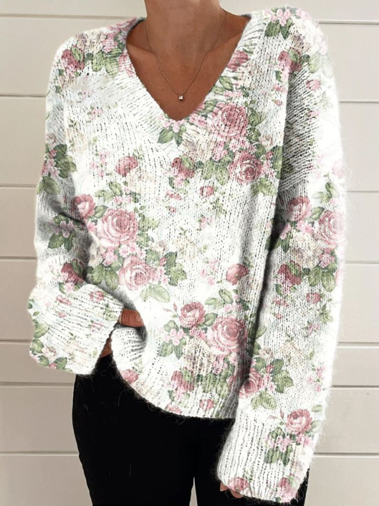 Women's Fresh Pink Roses Print Casual V-neck Pullover Knit