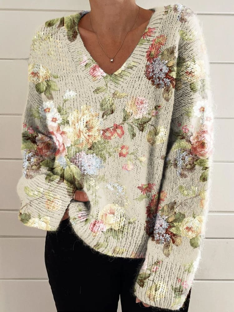 Women's Retro Fresh Flowers Print Casual V-neck Pullover Knit
