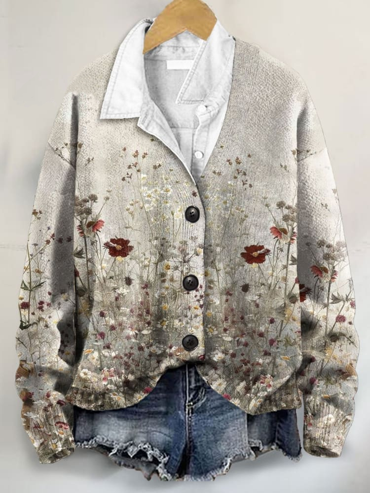 Vintage Floral Art Print Buttoned V-neck Cardigan Sweater