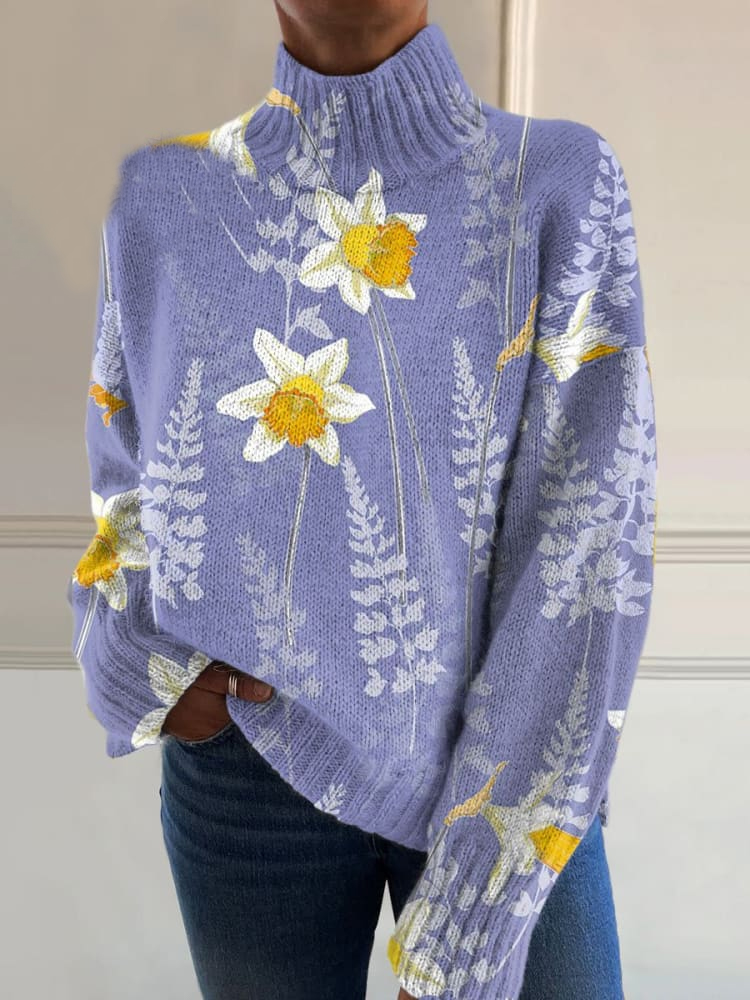 Pastel Floral Art Print Knit Turtleneck Pullover Sweater