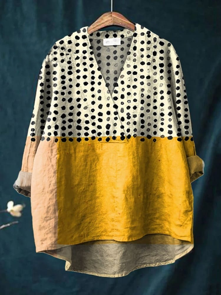 Women's Yellow Color-blocked Dots Print Casual Cotton Shirt