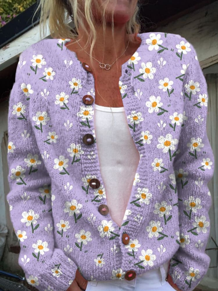 Cute Little Purple Flowers Print Buttoned Cardigan Sweater