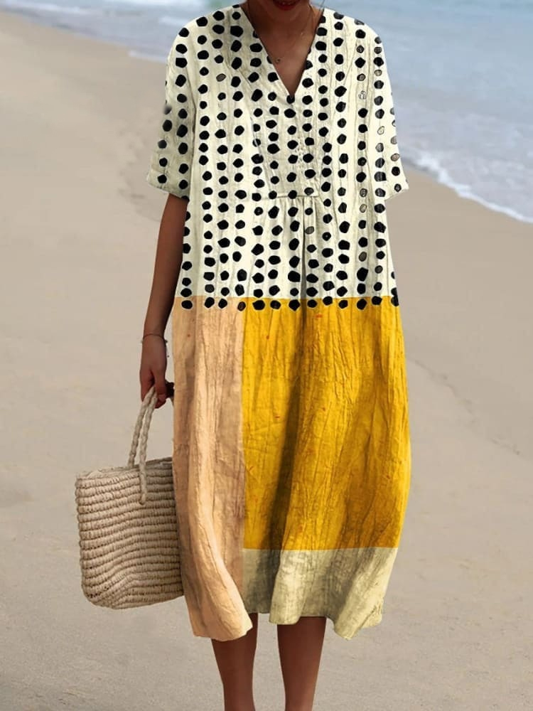 Women's Yellow Color-blocked Dots Print Casual Cotton Shirt