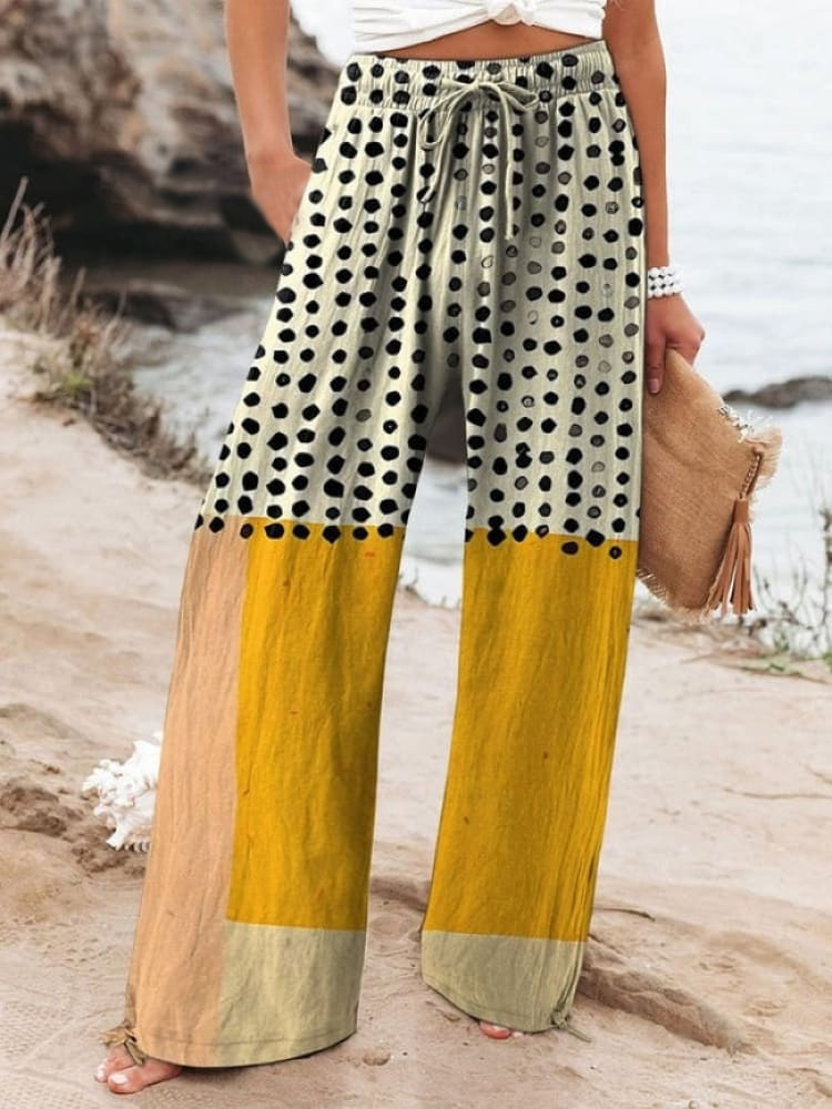 Women's Yellow Color-blocked Dots Print Casual Cotton Shirt