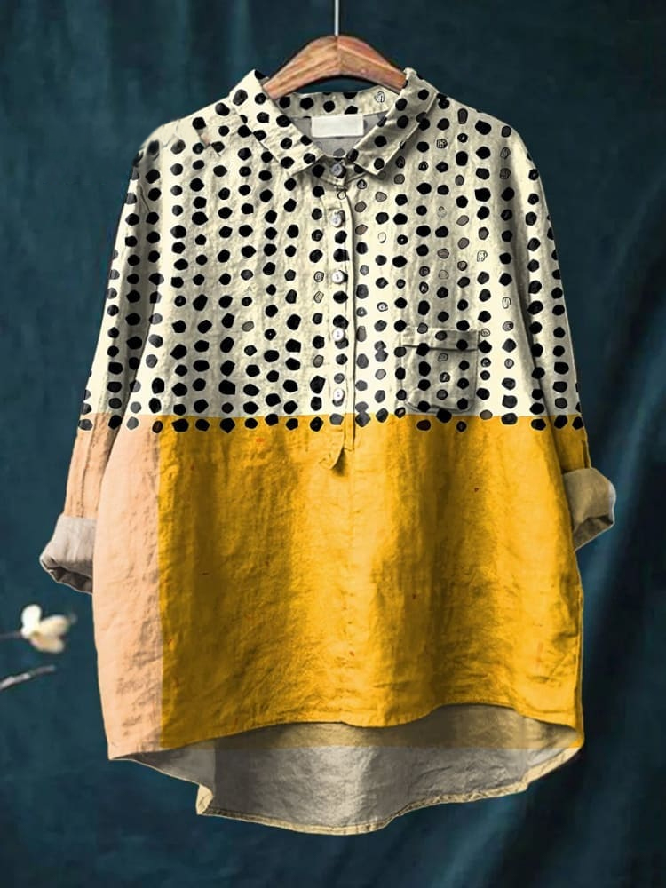 Women's Yellow Color-blocked Dots Print Casual Cotton Shirt
