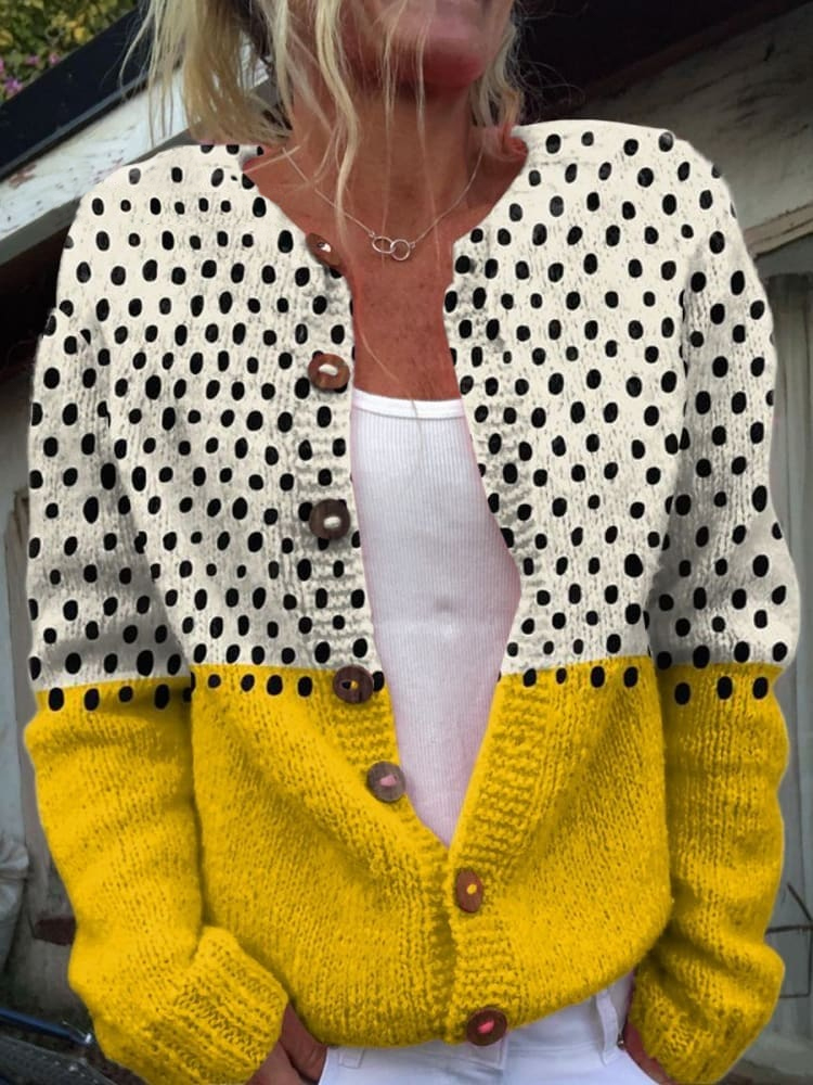 Women's Yellow Color-blocked Dots Print Casual Cotton Shirt