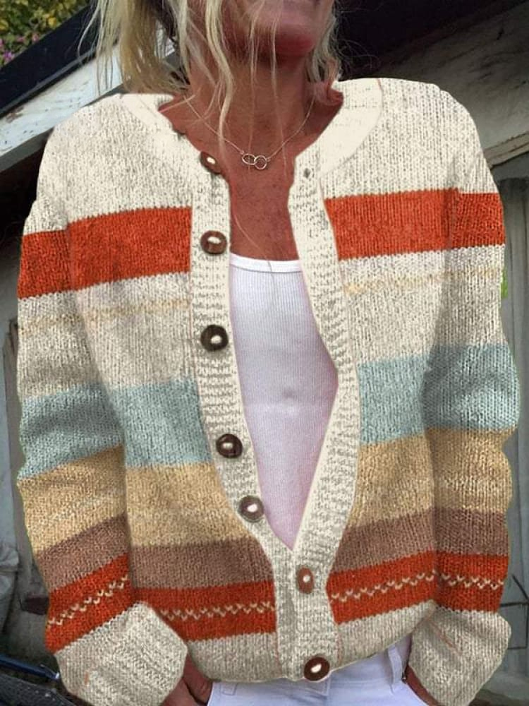 Women's Thanksgiving Stripe Art Print Buttoned Cardigan Sweater