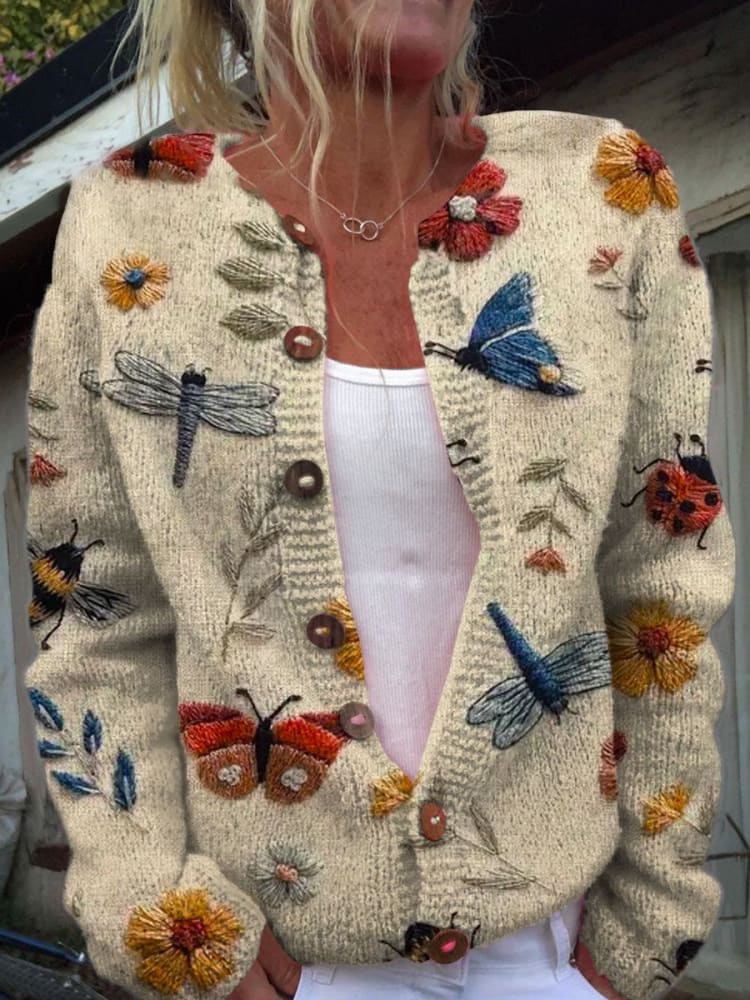 Women's Lovely Butterflies Floral Art Print Buttoned Cardigan Sweater