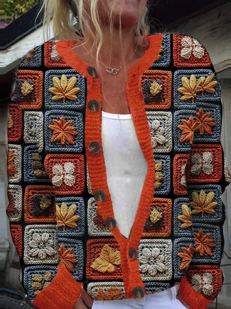 Women's Autumn Maple Leaf  Art Print Buttoned Cardigan Sweater