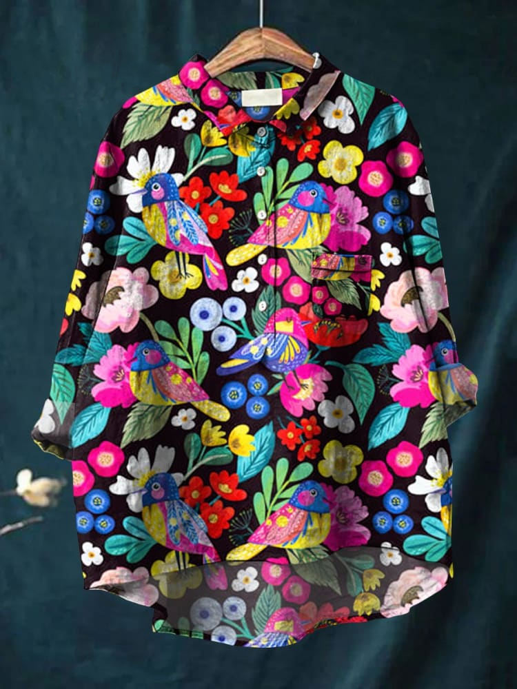 Women's Flower Bird Art Print Casual Cotton And Linen Shirt