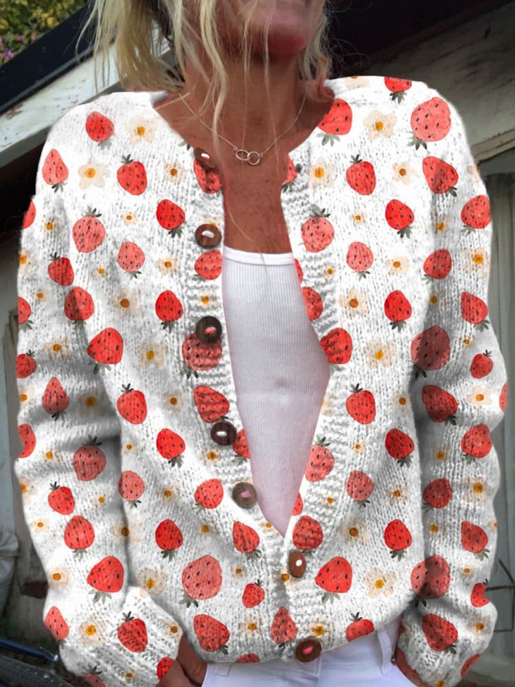 Watercolor Strawberry Repeat Pattern Printed Buttoned Cardigan Sweater
