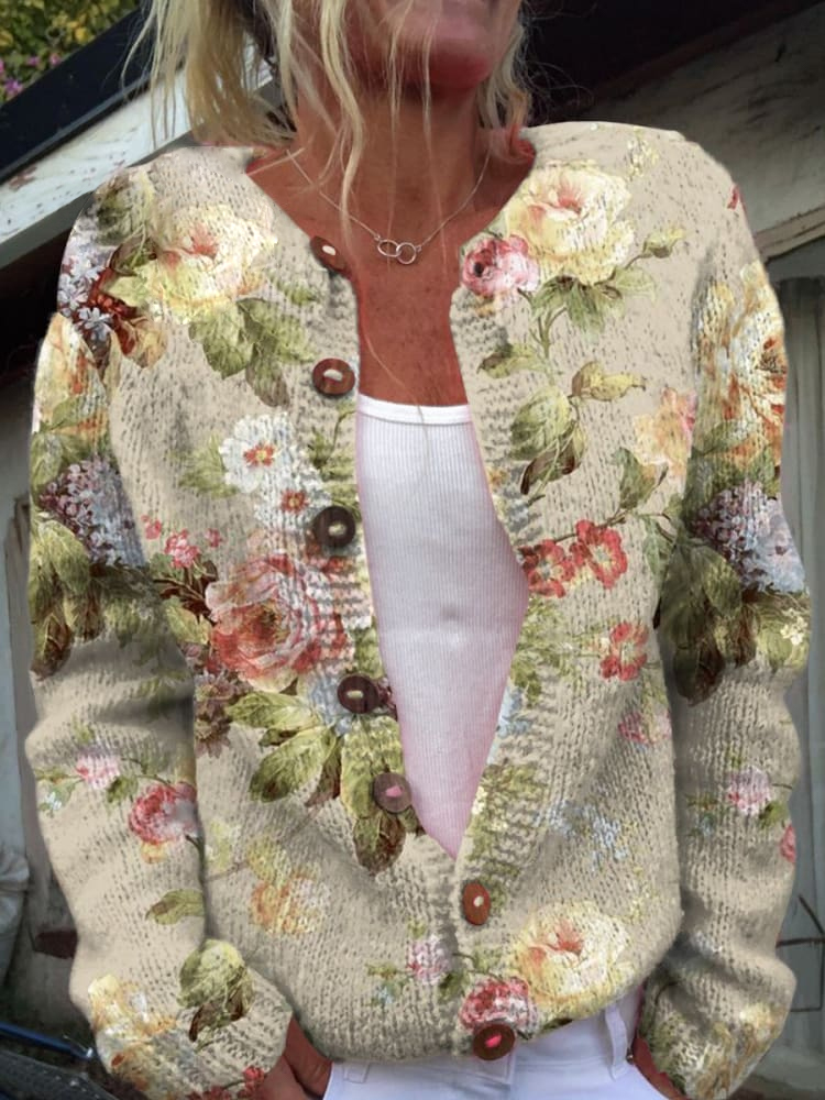 Retro Fresh Flowers Print Buttoned Cardigan Sweater
