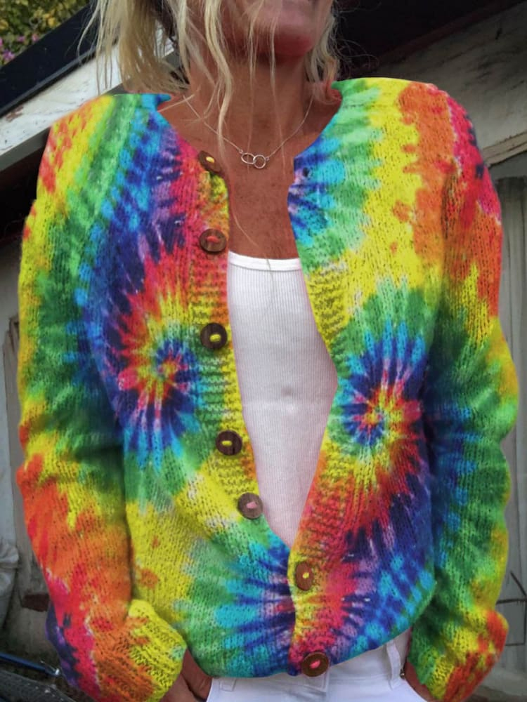 Colorful Tie-dye Style Decorative Pattern Buttoned Cardigan Sweater