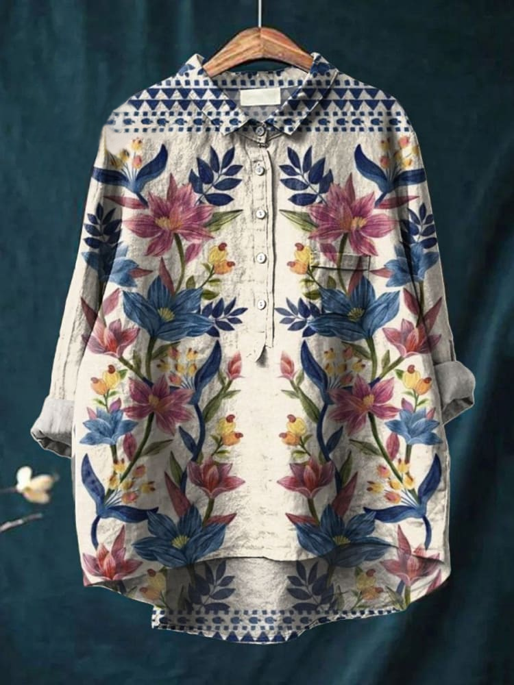 Women's Retro Blue and Pink Floral Print Casual Cotton And Linen Shirt