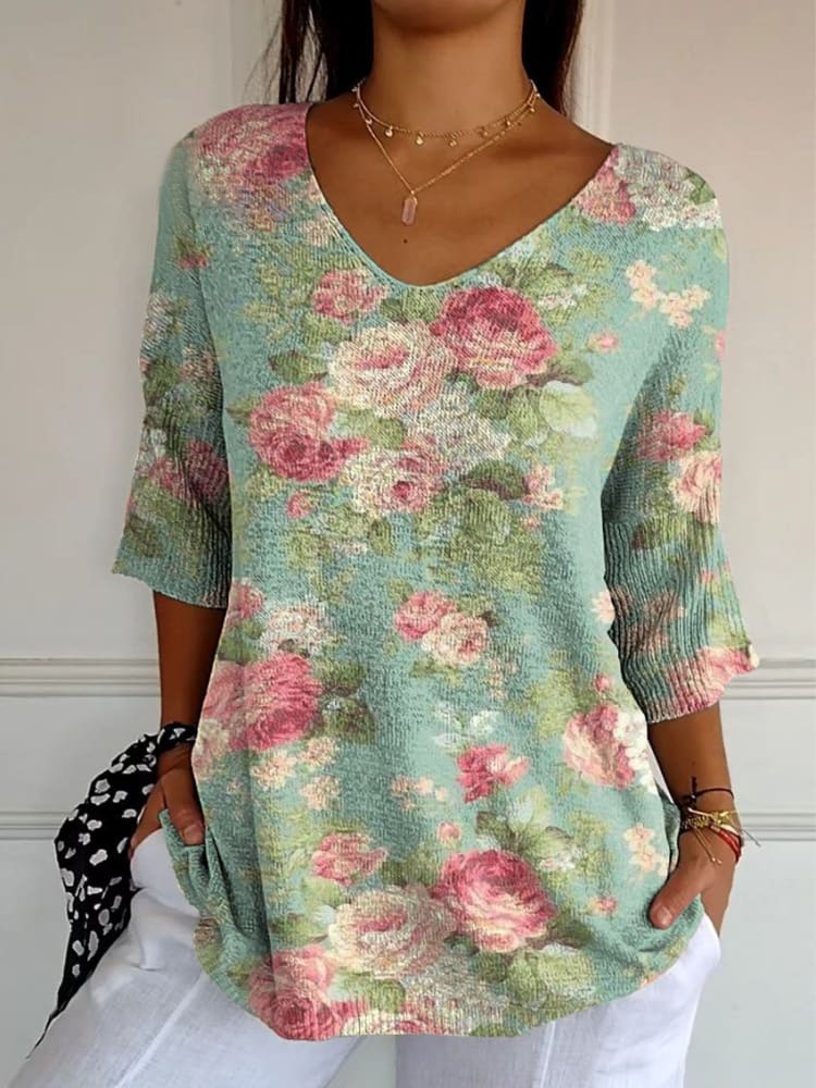 Women's Vintage Lovely Floral Art Print Casual Pullover Knit
